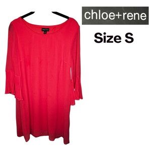Chloe + Rene Red Coral Pleated Sleeve Tunic Dress S NWT